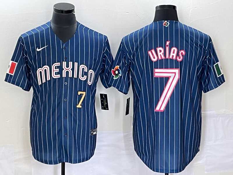 Men%27s Mexico Baseball #7 Julio Urias Number Navy Blue Pinstripe 2020 World Series Cool Base Nike Jersey 1->2023 world baseball classic->MLB Jersey